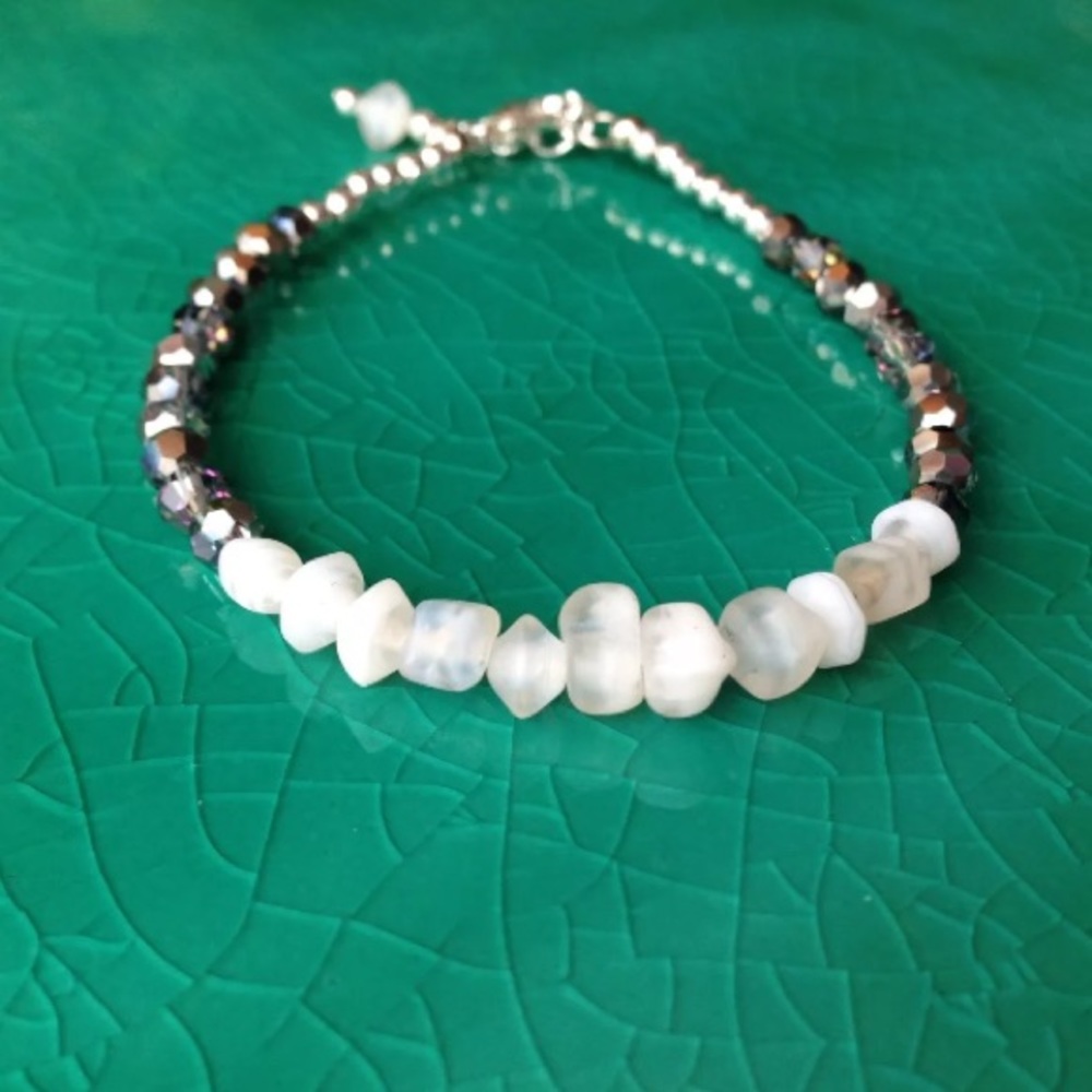White Stone Black Beads Silver Bracelet Adjustable